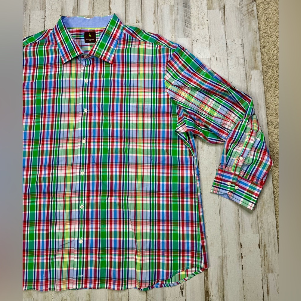 Tailorbyrd Mens Dress Shirt 4XL Long Sleeve Green Blue Button Up - Picture 2 of 13